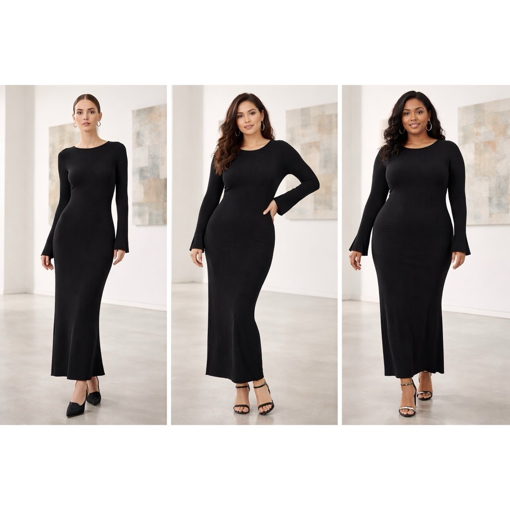 Simon Miller Maxi Dress L Black Rib Knit‎ Stretch Bodycon Luxe Minimalist USA
